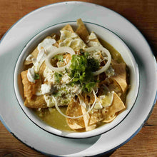 Load image into Gallery viewer, A bowl of a Corn Nachos with Cheese, Onions and Salsa Verde