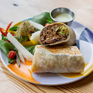 Mad Mexican Chilorio Burrito with Salad.